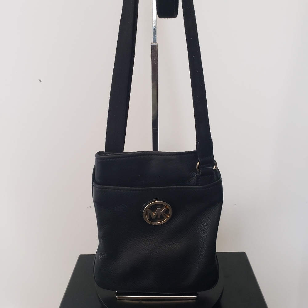 Michael Kors Black Leather Crossbody Bag with Gold MK Logo